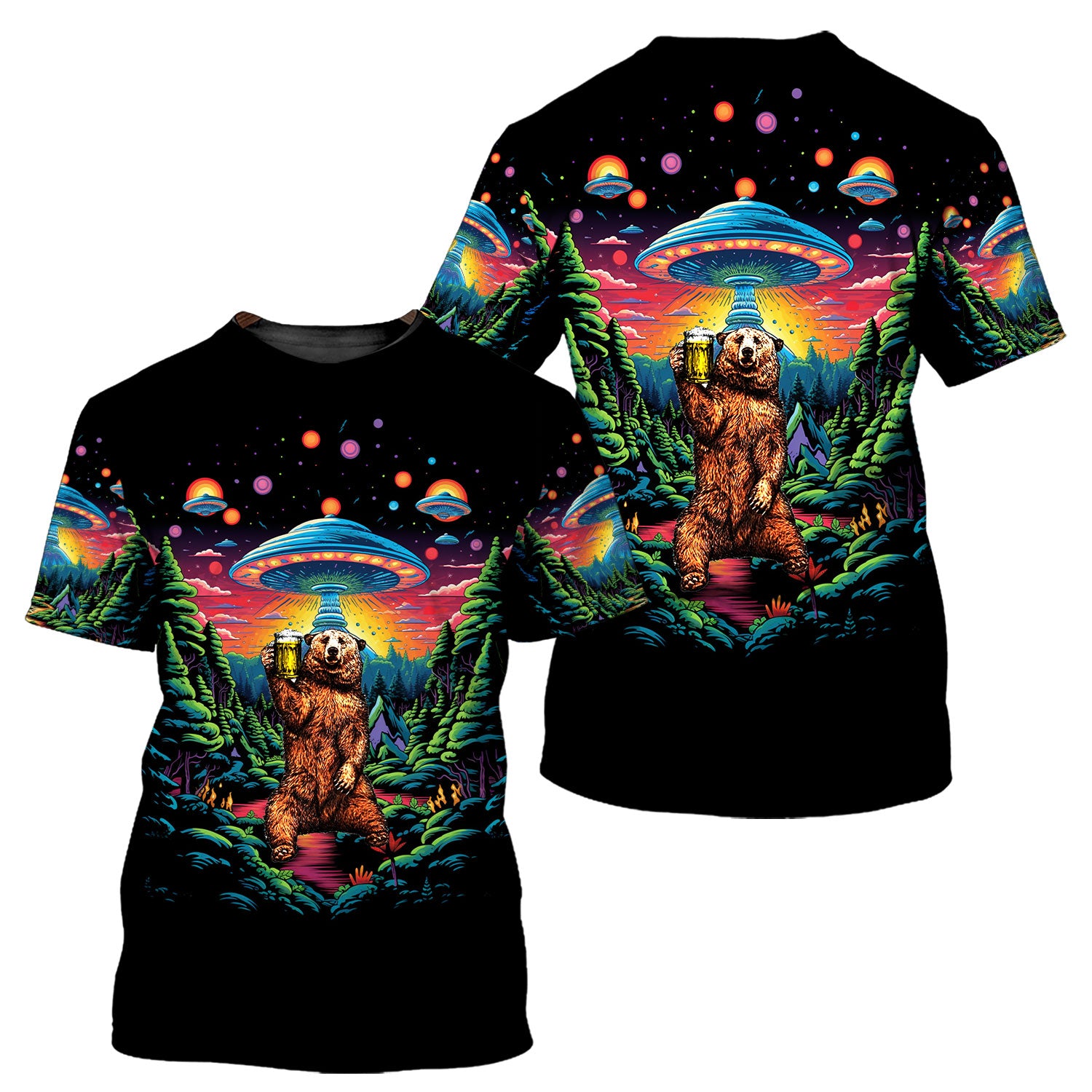 Bear Alien Night Drinking All Over Print Shirt