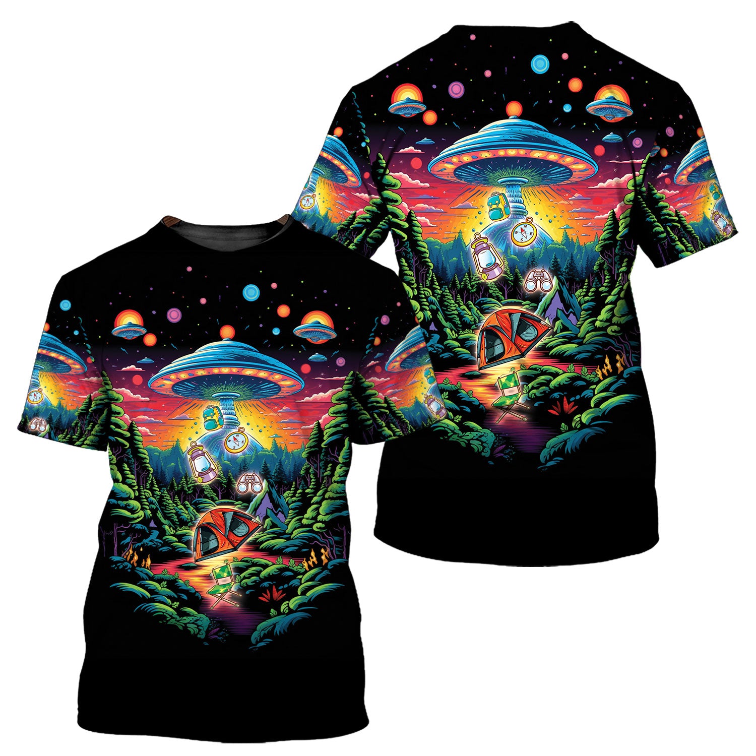 Alien UFO Abduction On Camping Site Night All Over Print Shirt