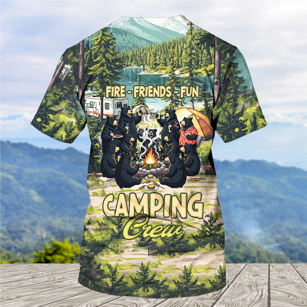 Friends, Fires, Fun Camping Crew Black Bear All Over Print Shirt