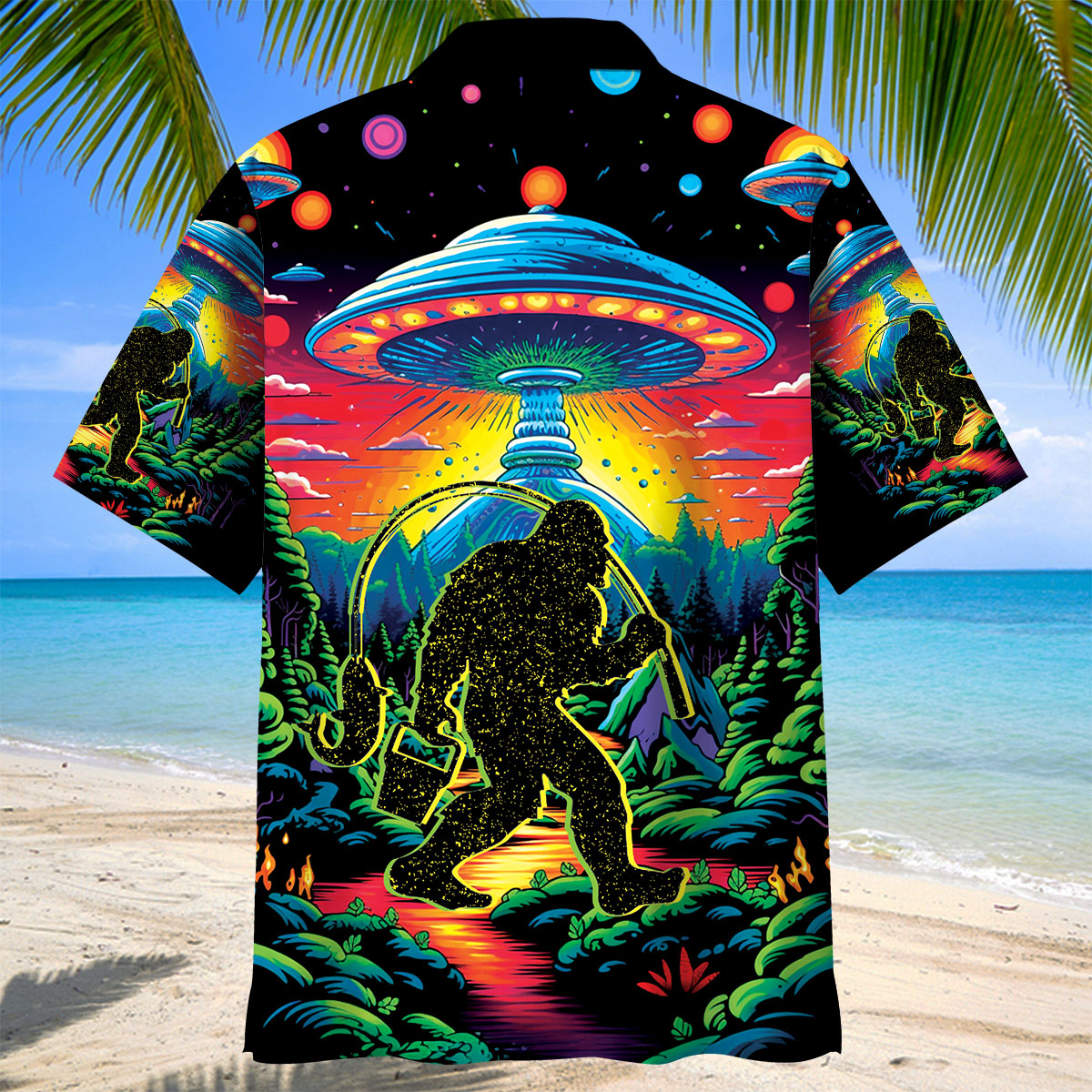 Bigfoot Fishing Forest Hawaiian Shirt