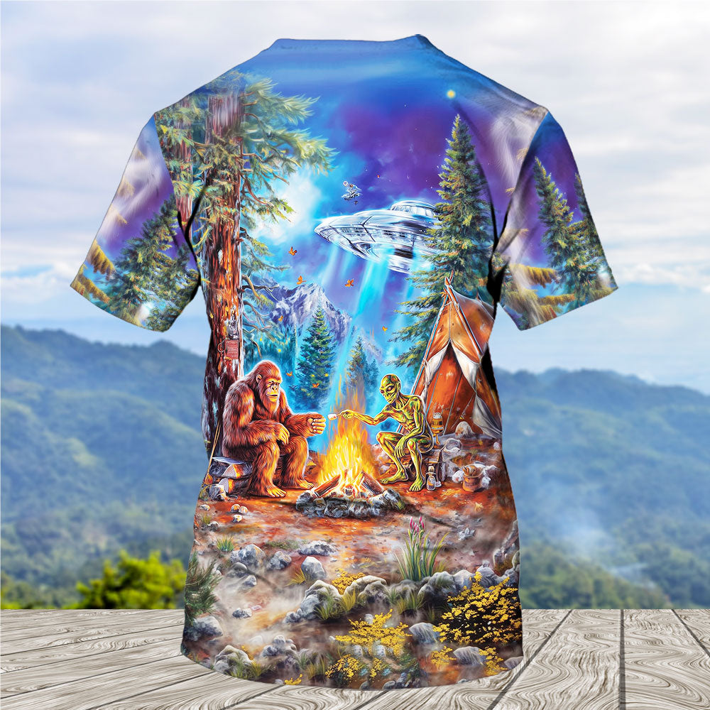 Bigfoot Alien Camping Night All Over Print Shirt