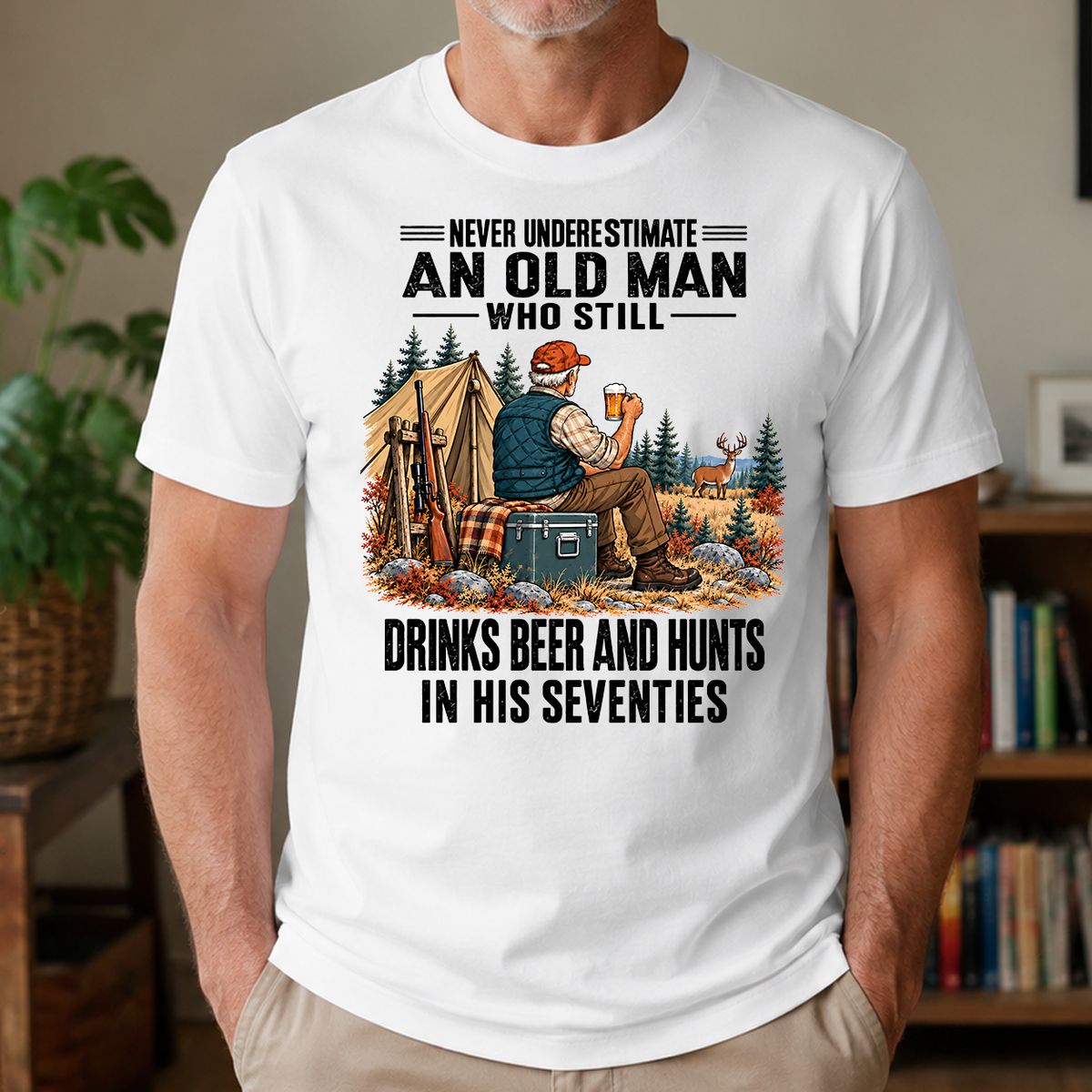 An Old Man Still Drinks Beer And Hunts In His 70s - 4-TS2D-White