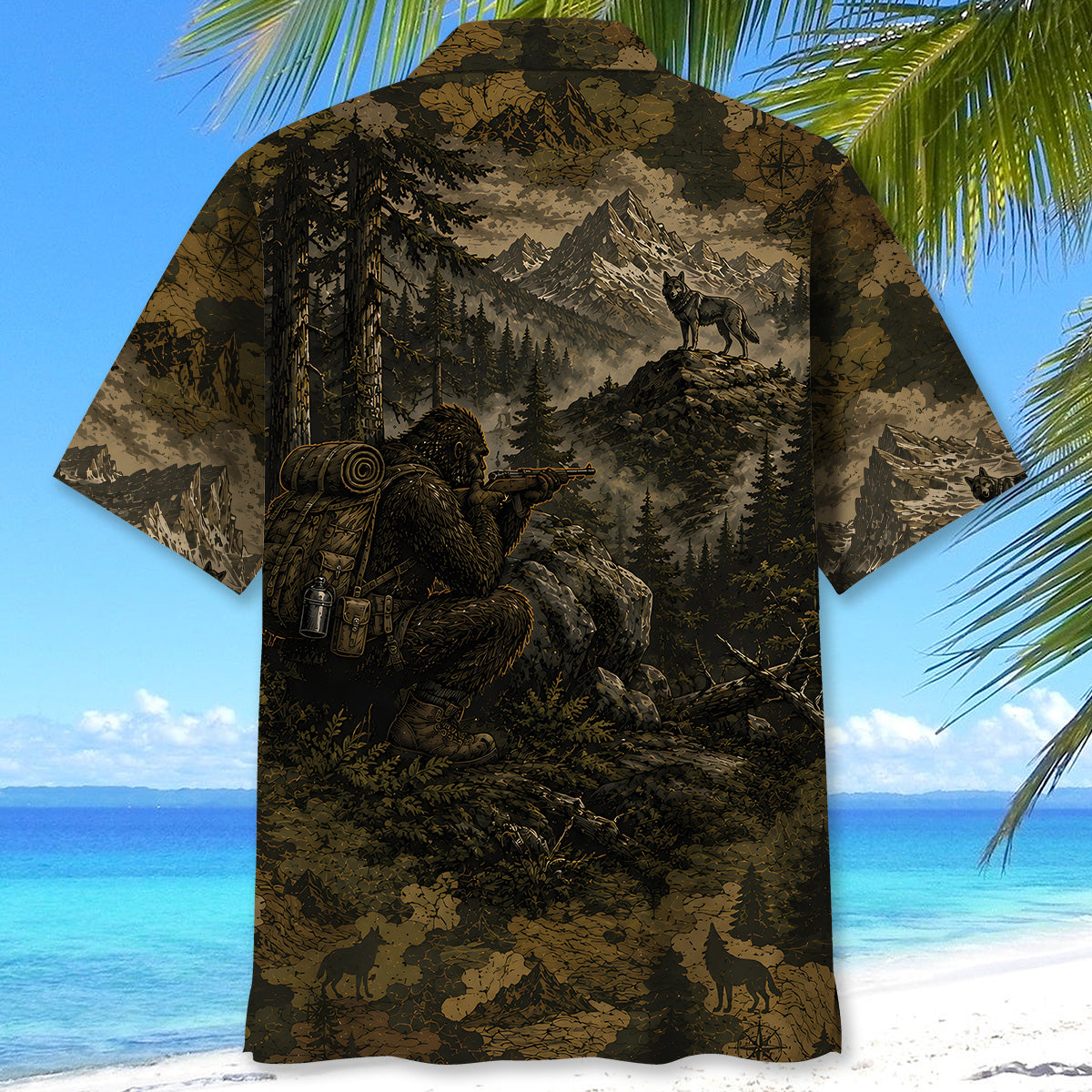 Bigfoot Wolf Hunting Camouflage Funny Hawaiian Shirt
