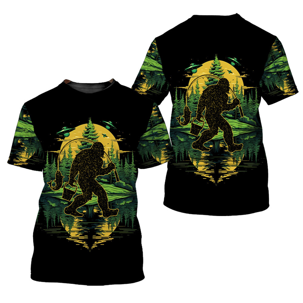 Bigfoot Fishing Green Alien Forest All Over Print Shirt