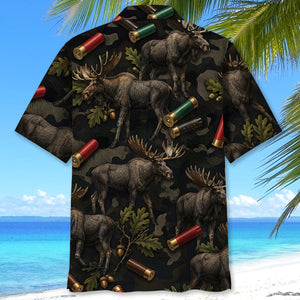 Vintage Moose Hunting Camouflage Black Hawaiian Shirt