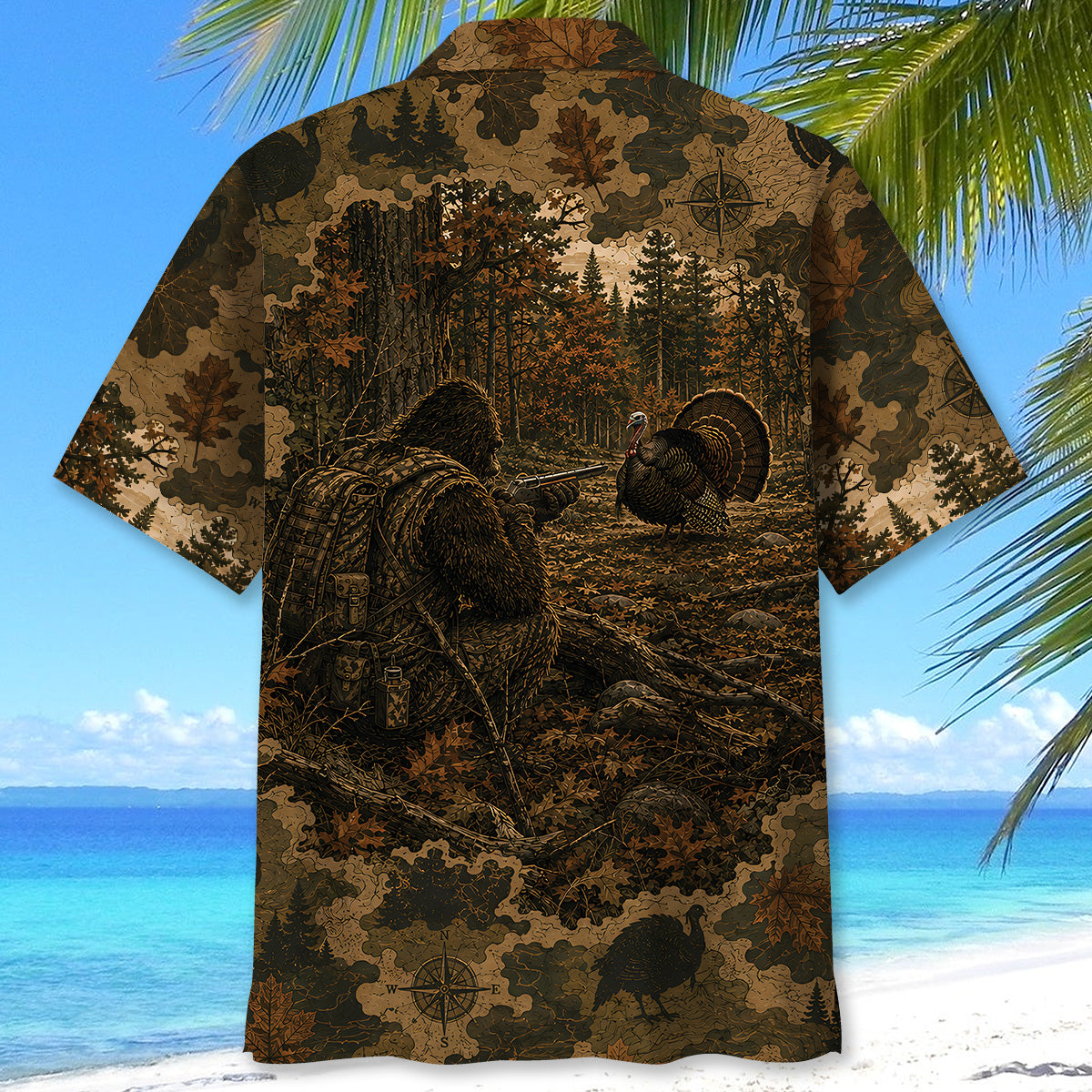 Bigfoot Wild Turkey Hunting Camouflage Funny Hawaiian Shirt