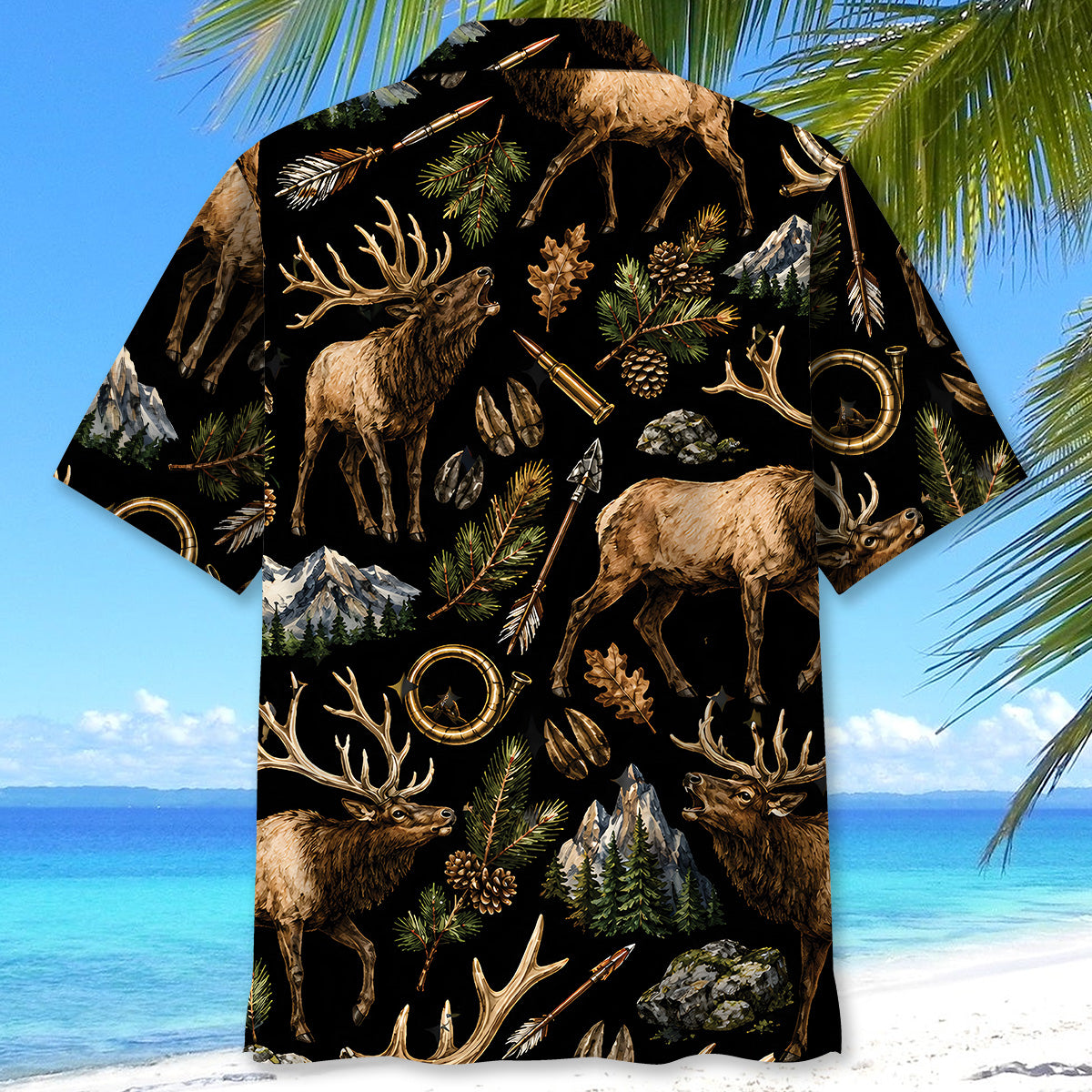 Elk Hunting Retro Black Hawaiian Shirt
