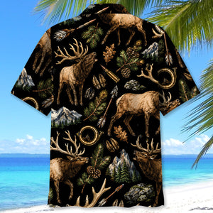 Elk Hunting Retro Black Hawaiian Shirt