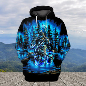 Bigfoot Fishing Blue Moon Light All Over Print Shirt