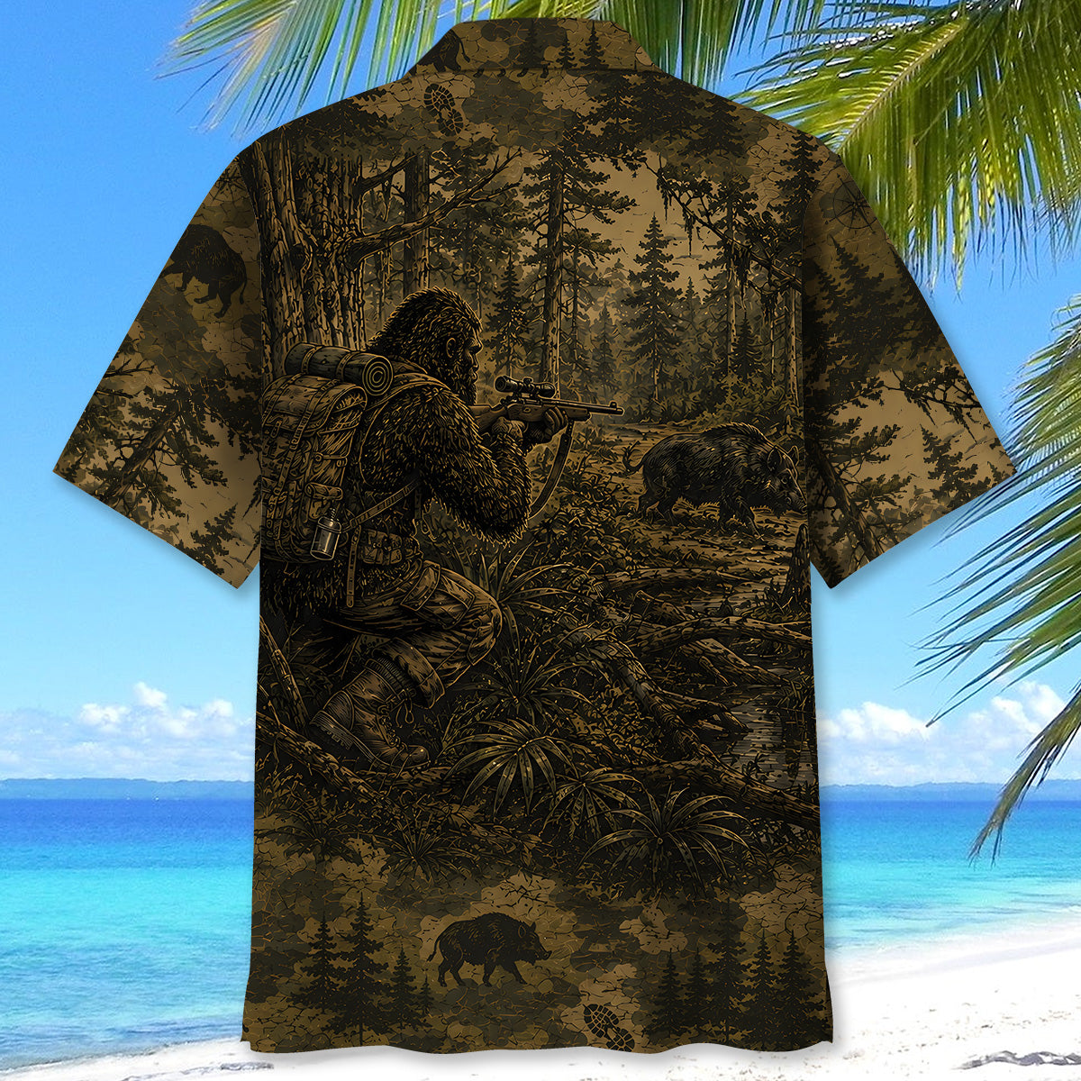 Bigfoot Hog Hunting Camouflage Funny Hawaiian Shirt
