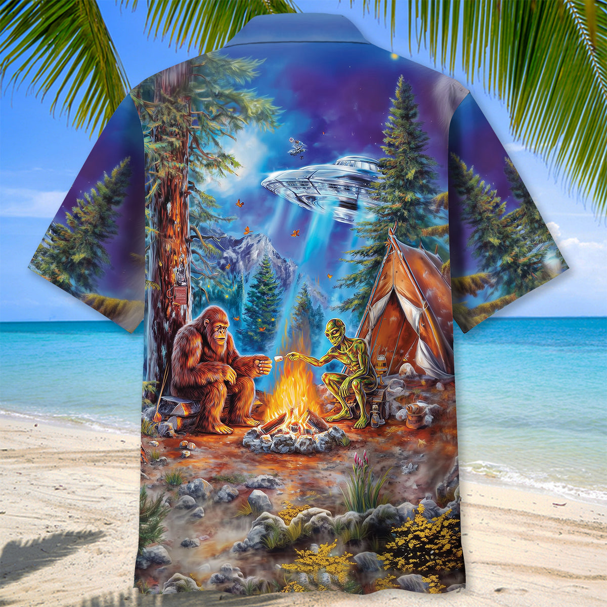 Bigfoot Alien Camping Night Hawaiian Shirt