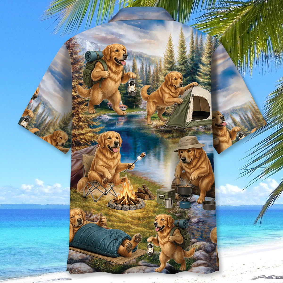 Golden Retriever Dog Funny Camping Hawaiian Shirt