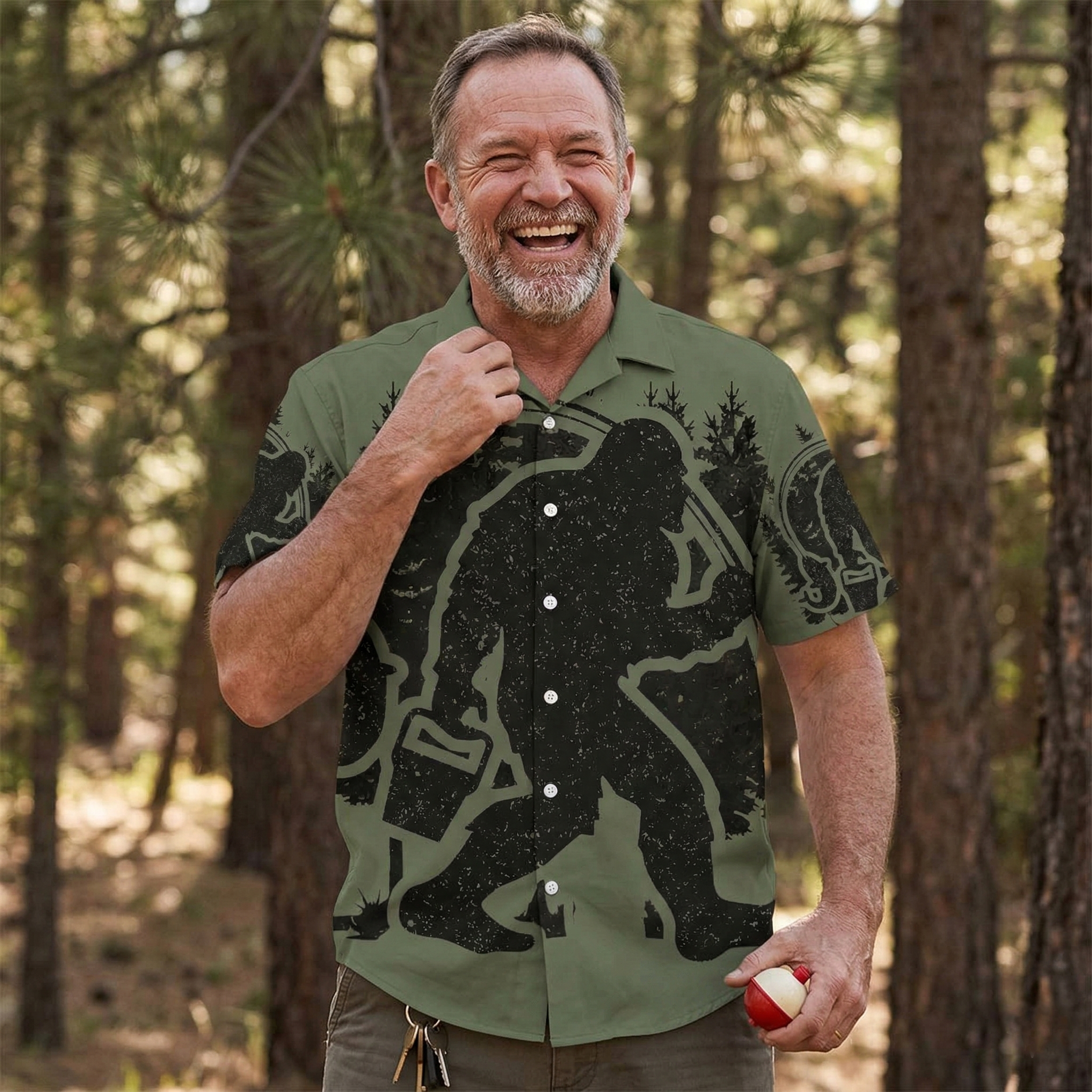 Bigfoot Fishing Green Military Hawaiian Shirt