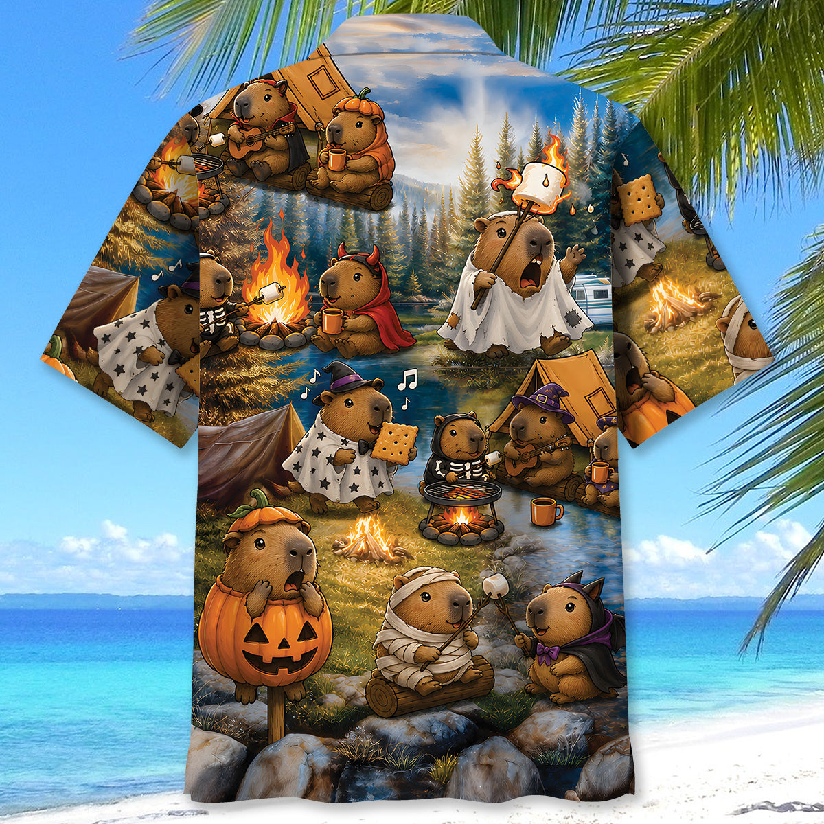 Vintage Capybara Camping Hawaiian Shirt