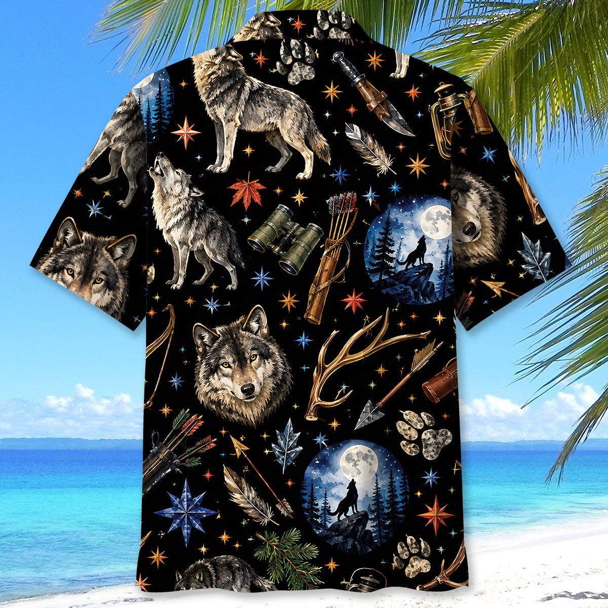 Wolf Hunting Retro Black Hawaiian Shirt