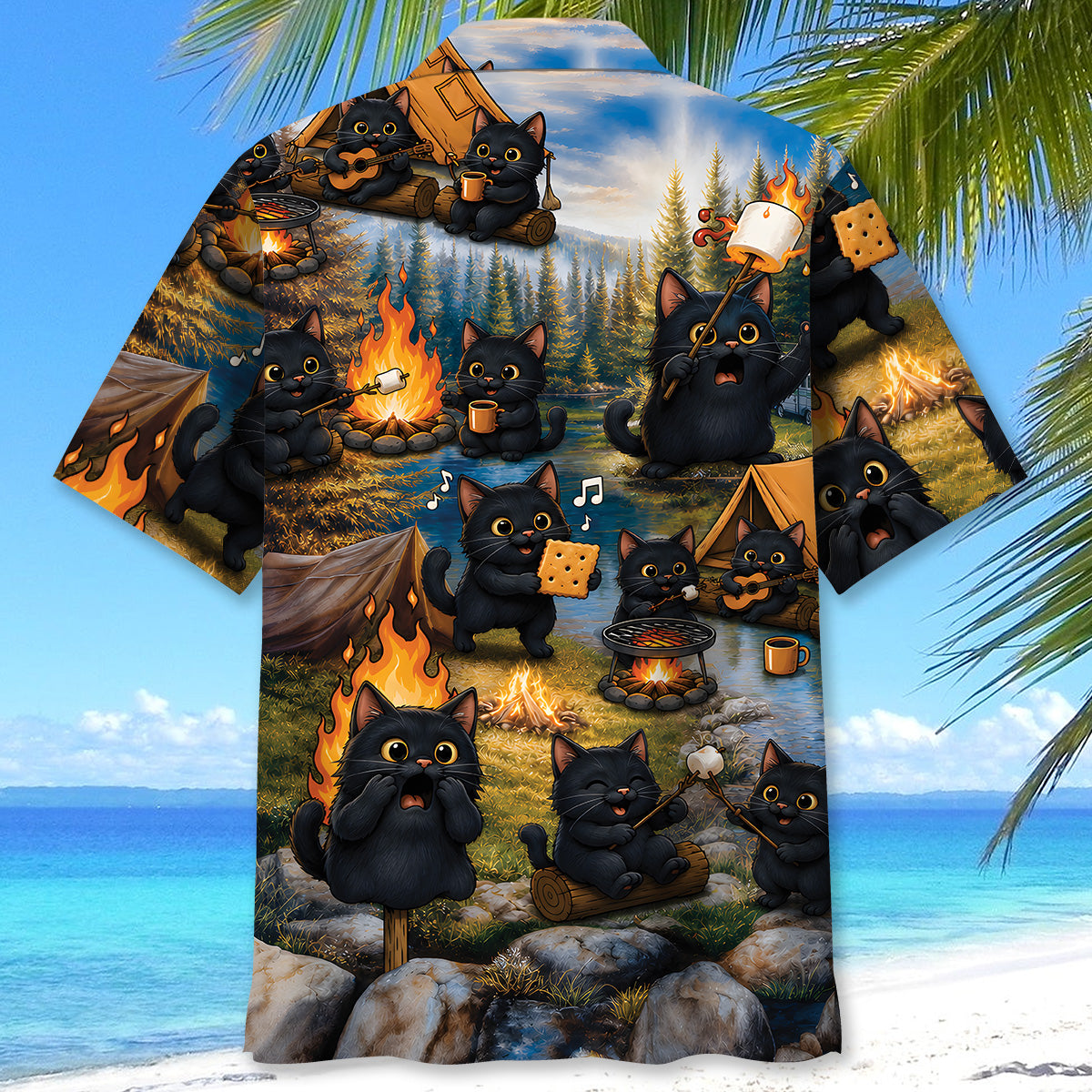 Vintage Black Cat Camping Hawaiian Shirt