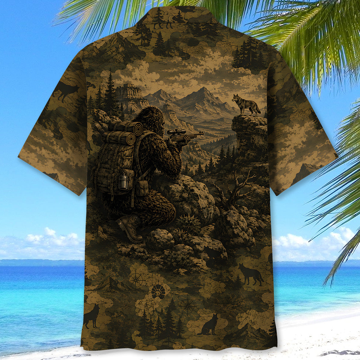 Bigfoot Coyote Hunting Camouflage Funny Hawaiian Shirt
