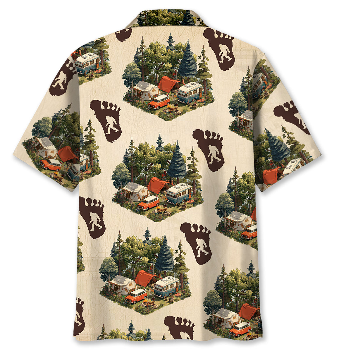 Retro Camping with Bigfoot Tracks Hawaiian Shirt