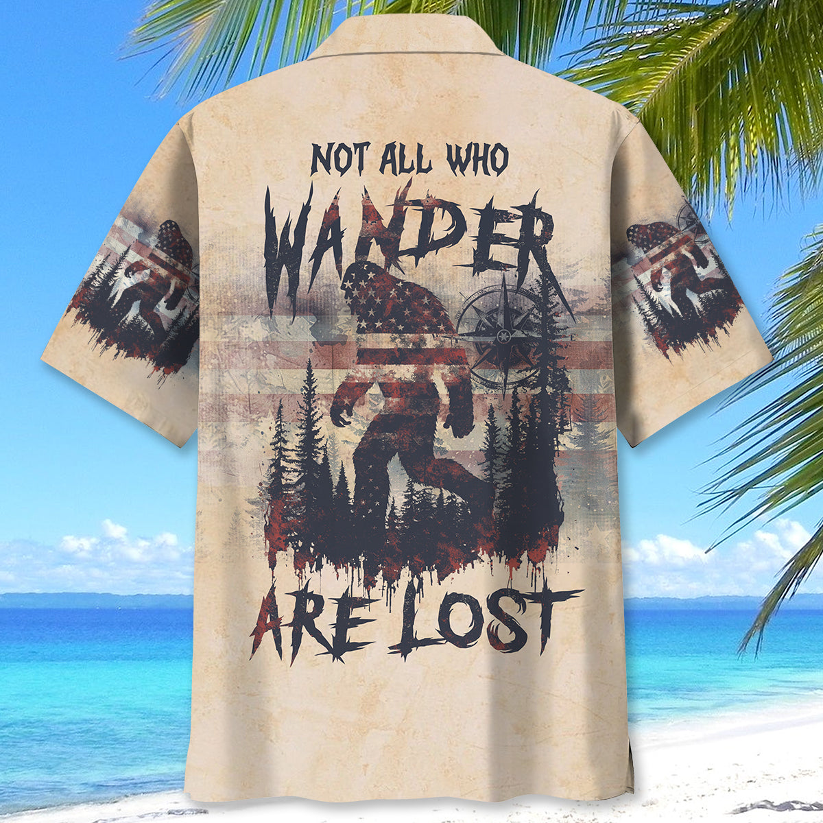Vintage Bigfoot Not All Who Wander Are Lost Compass USA Hawaiian Shirt