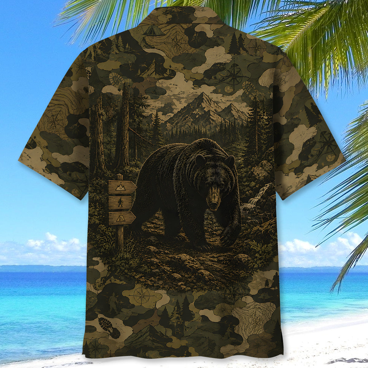 Black Bear Forest Camouflage Dark Hawaiian Shirt