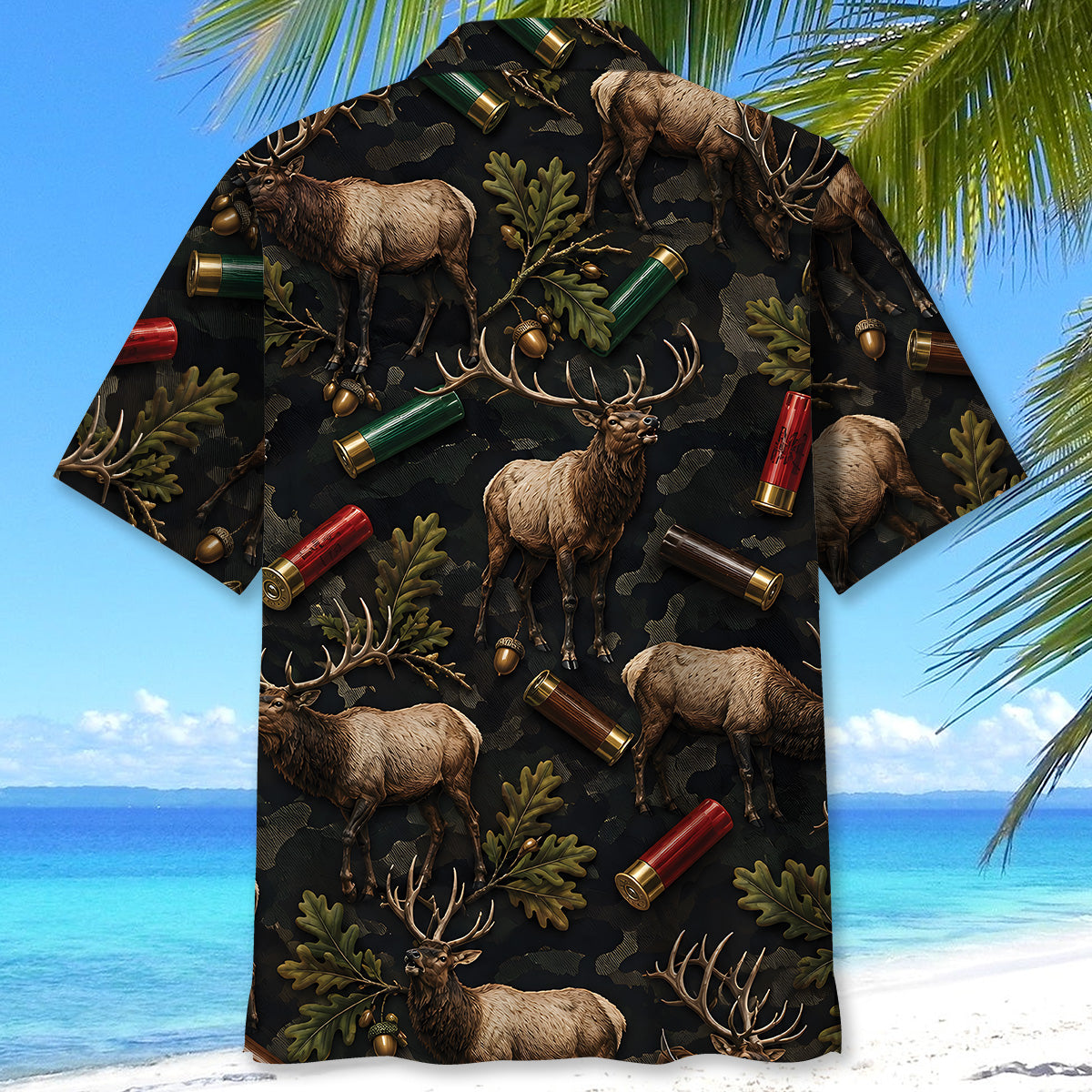 Vintage Elk Hunting Camouflage Black Hawaiian Shirt
