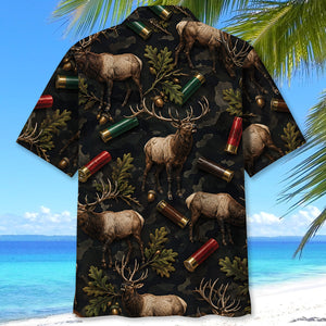 Vintage Elk Hunting Camouflage Black Hawaiian Shirt