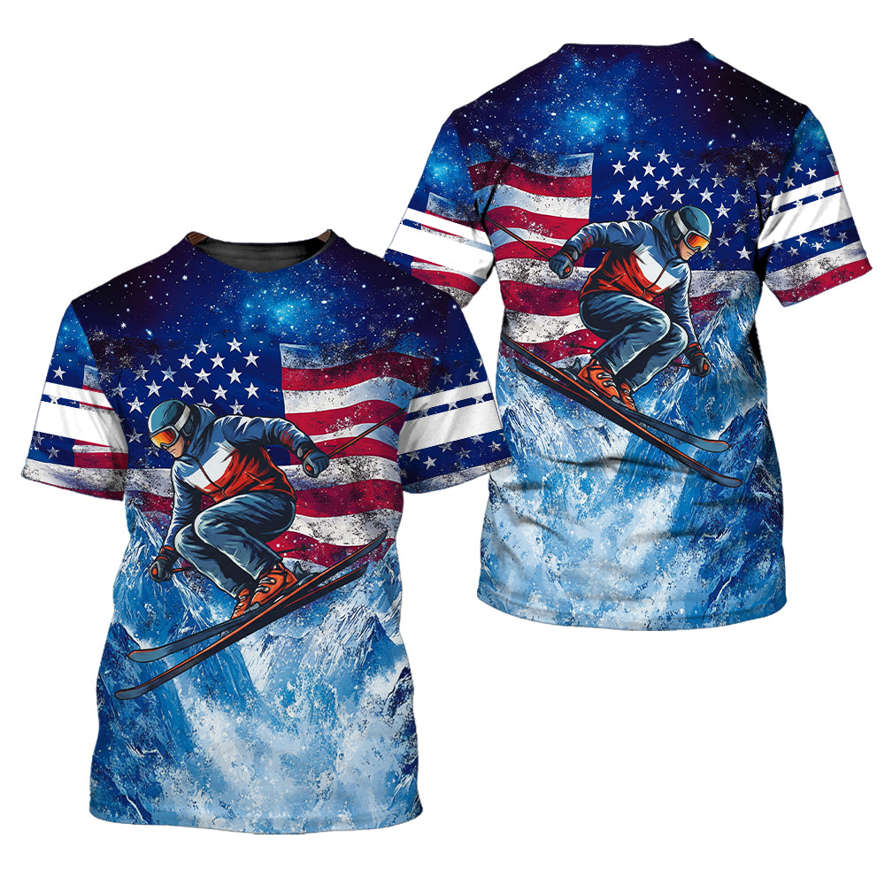 Patriotic USA Skiing Galaxy Winter All Over Print Shirt
