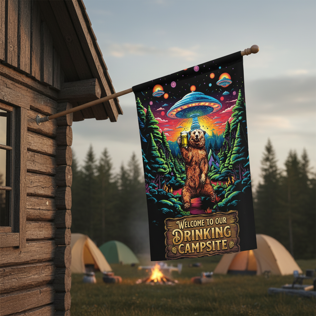 Welcome To Our Drinking Campsite Bear Flag Decor