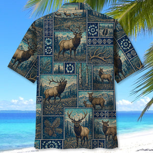 Vintage Blue Elk Hunting Hawaiian Shirt