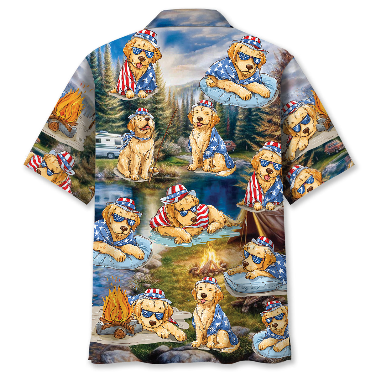 America Funny Golden Retriever Camping Hawaiian Shirt