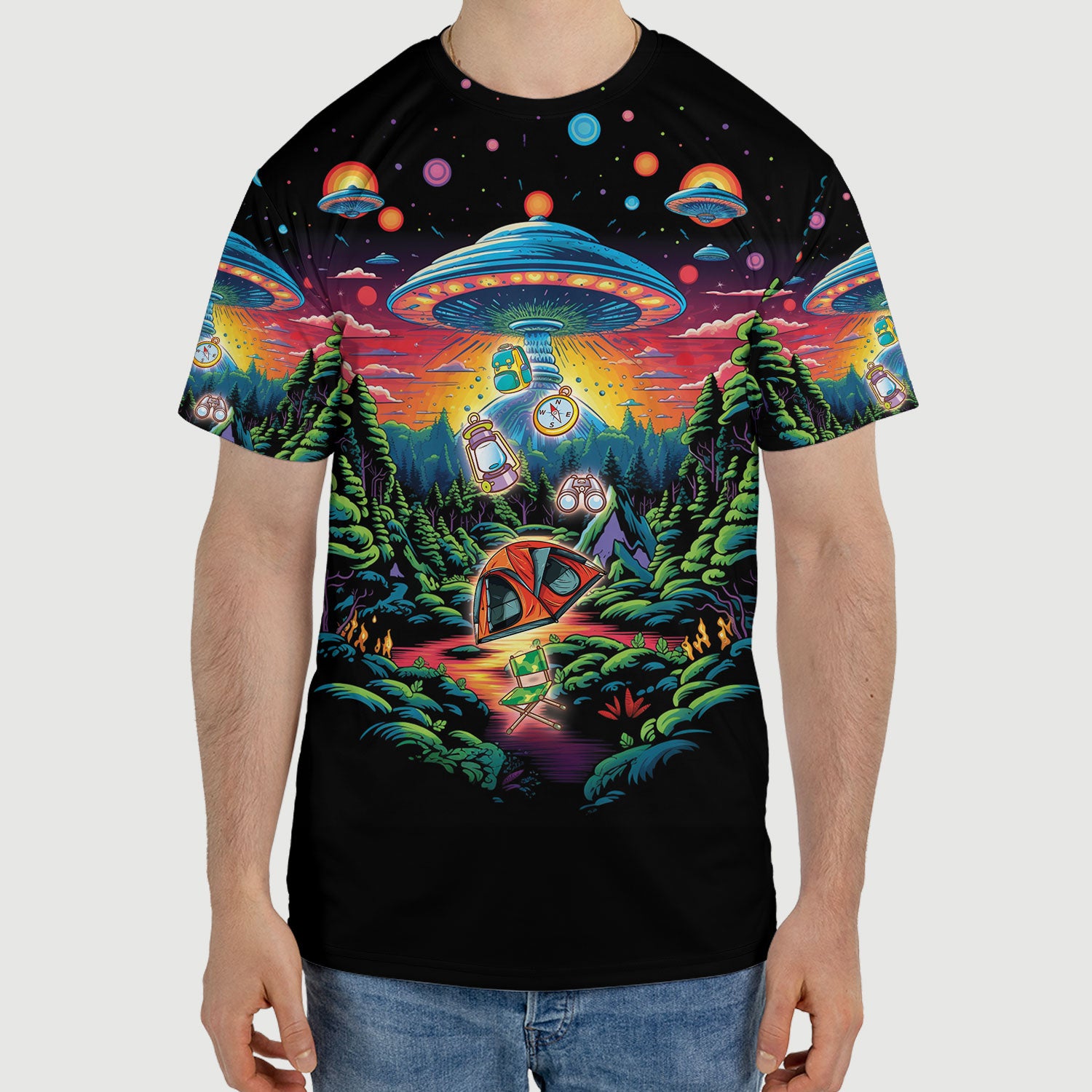 Alien UFO Abduction On Camping Site Night All Over Print Shirt