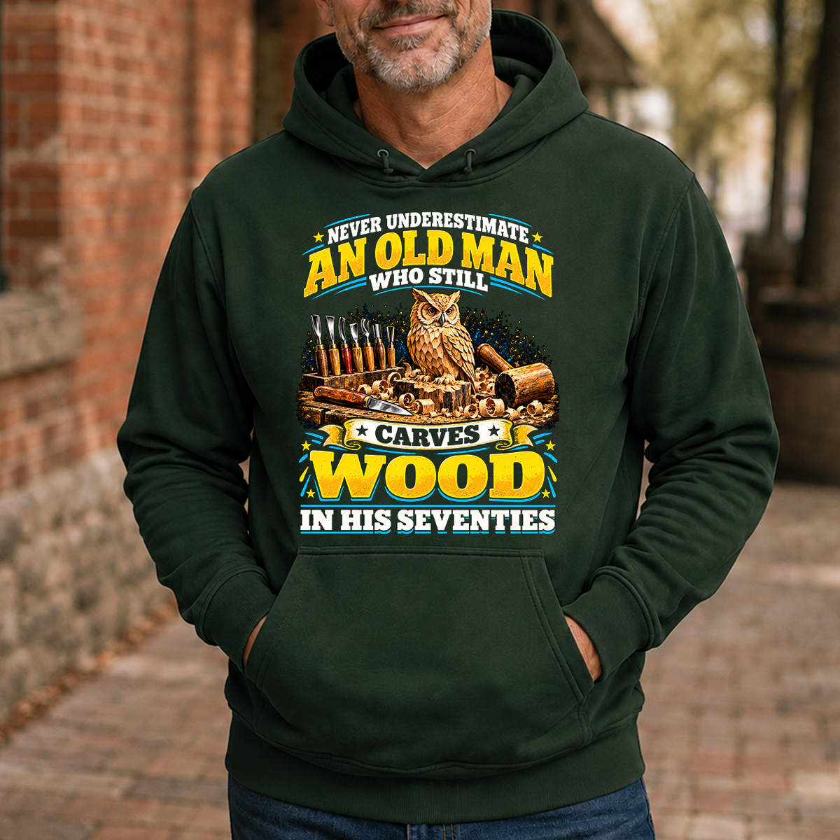 Yellow An Old Man Still Carves Wood In His Seventies - 5-HS2D-ForestGreen