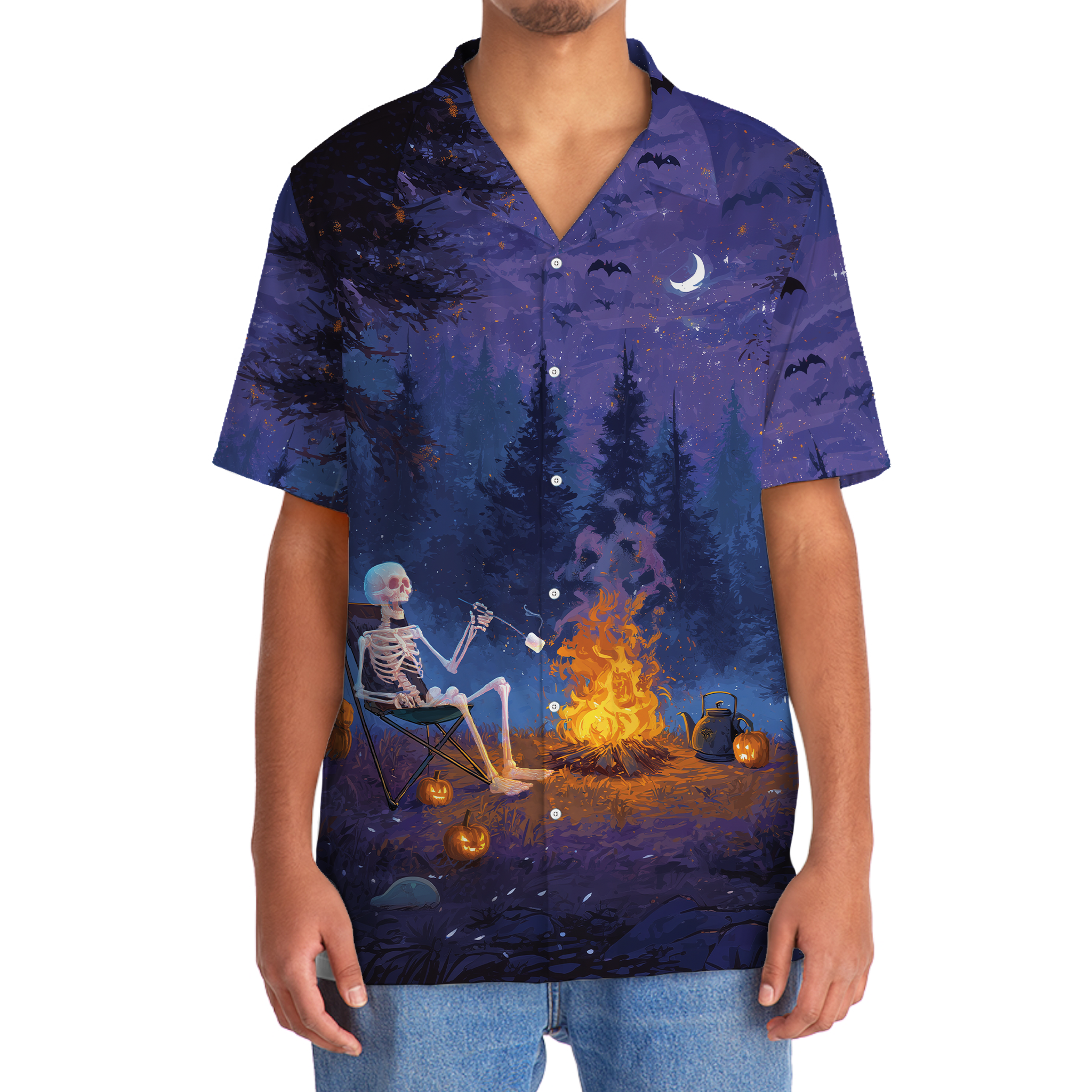 Skeleton Roasting Marshmallow Halloween Hawaiian Shirt