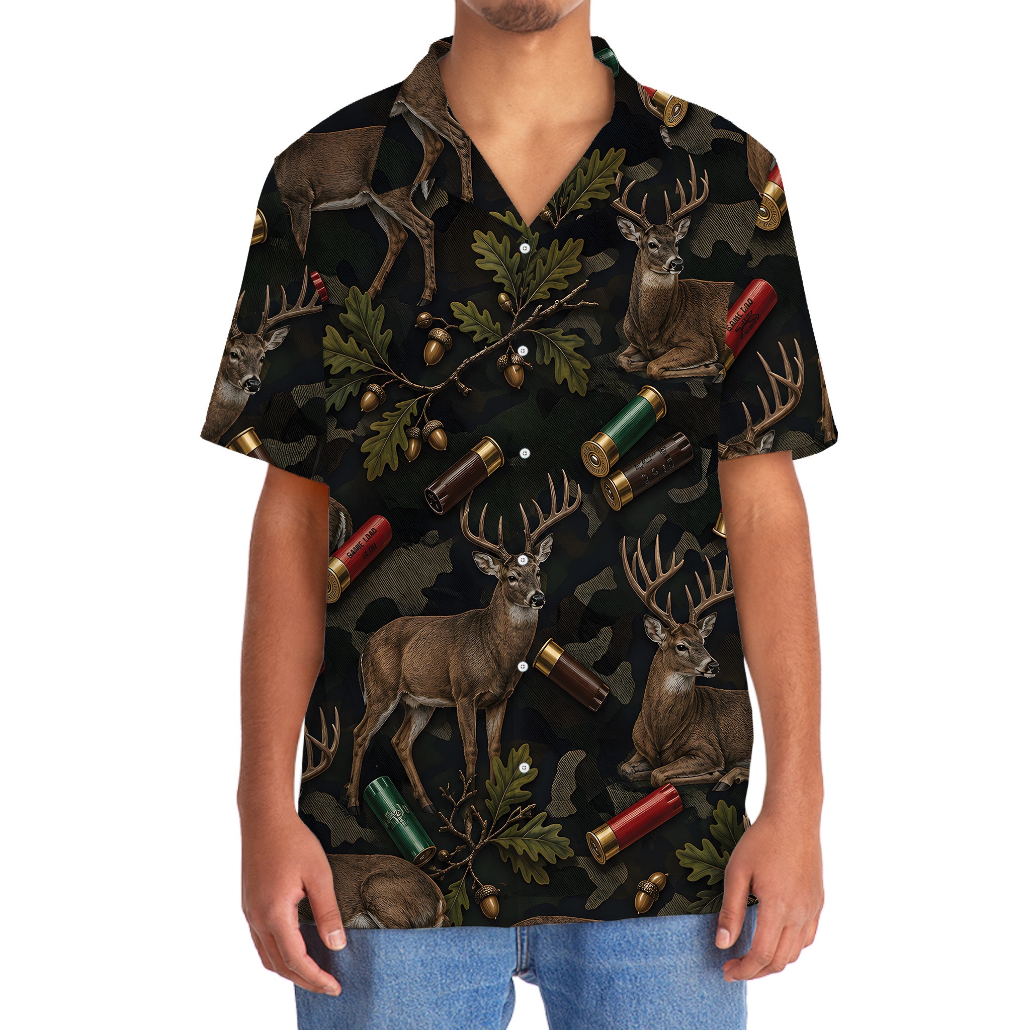 Vintage Deer Hunting Camouflage Black Hawaiian Shirt