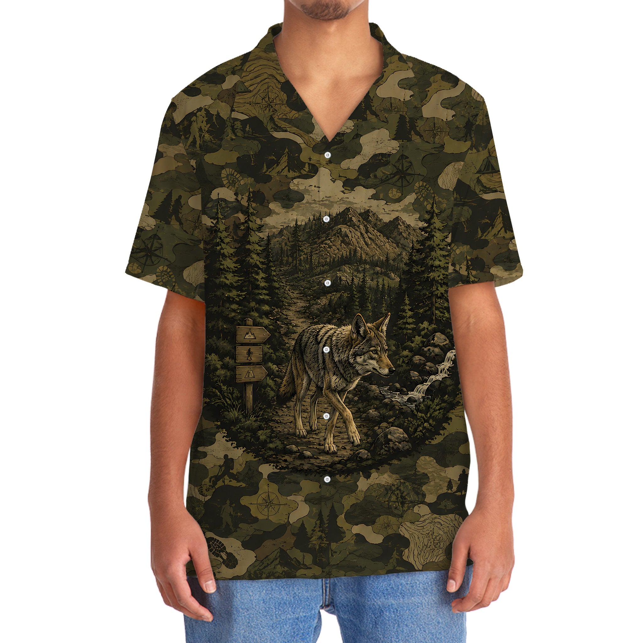 Coyote Forest Camouflage Dark Hawaiian Shirt
