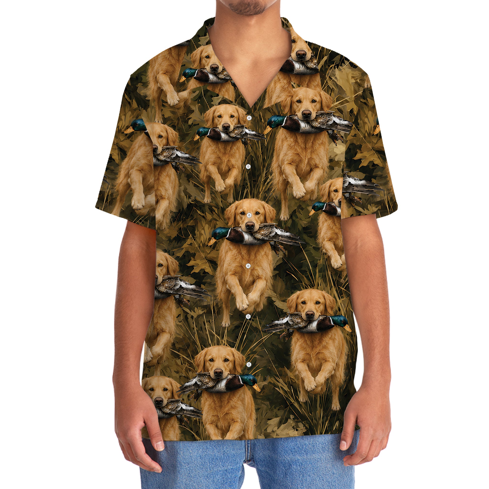 Camouflage Golden Retriever Running With Mallard Duck Hawaiian Shirt