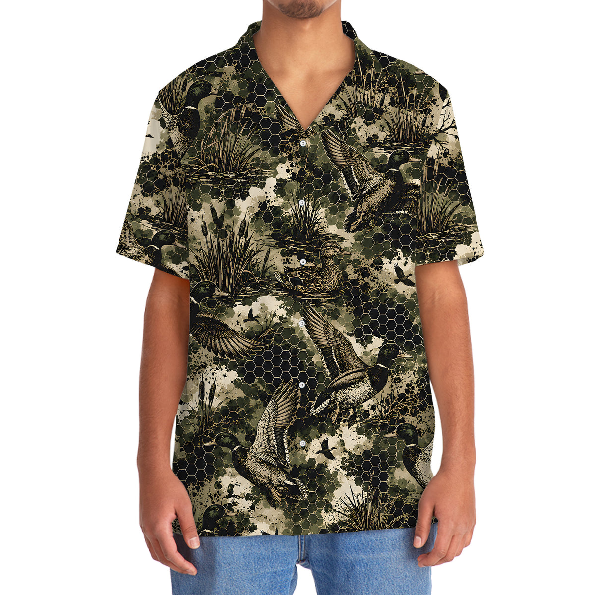 Tactical Hexagonal Duck Hunting Camo Hawaiian Shirt