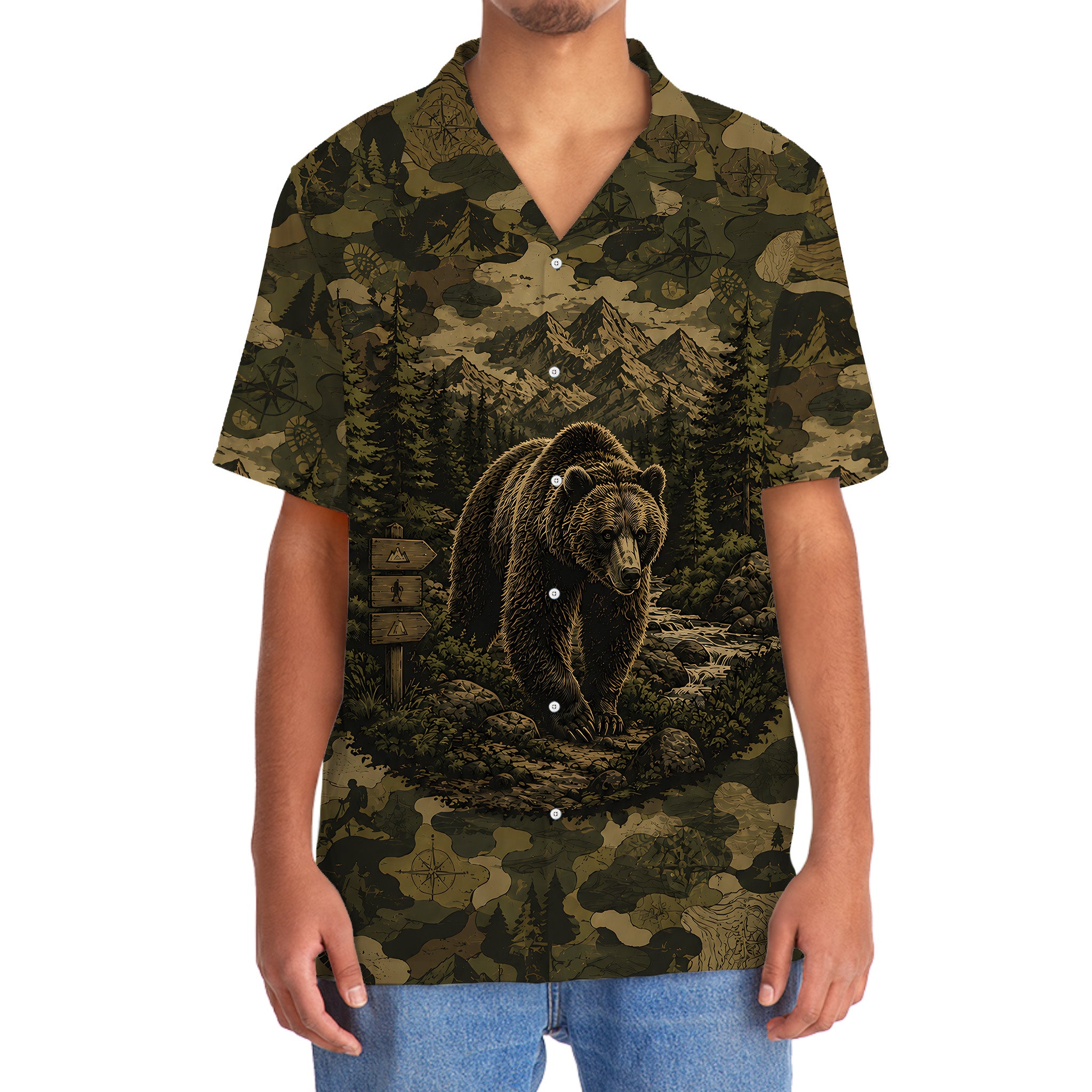Grizzly Bear Forest Camouflage Dark Hawaiian Shirt