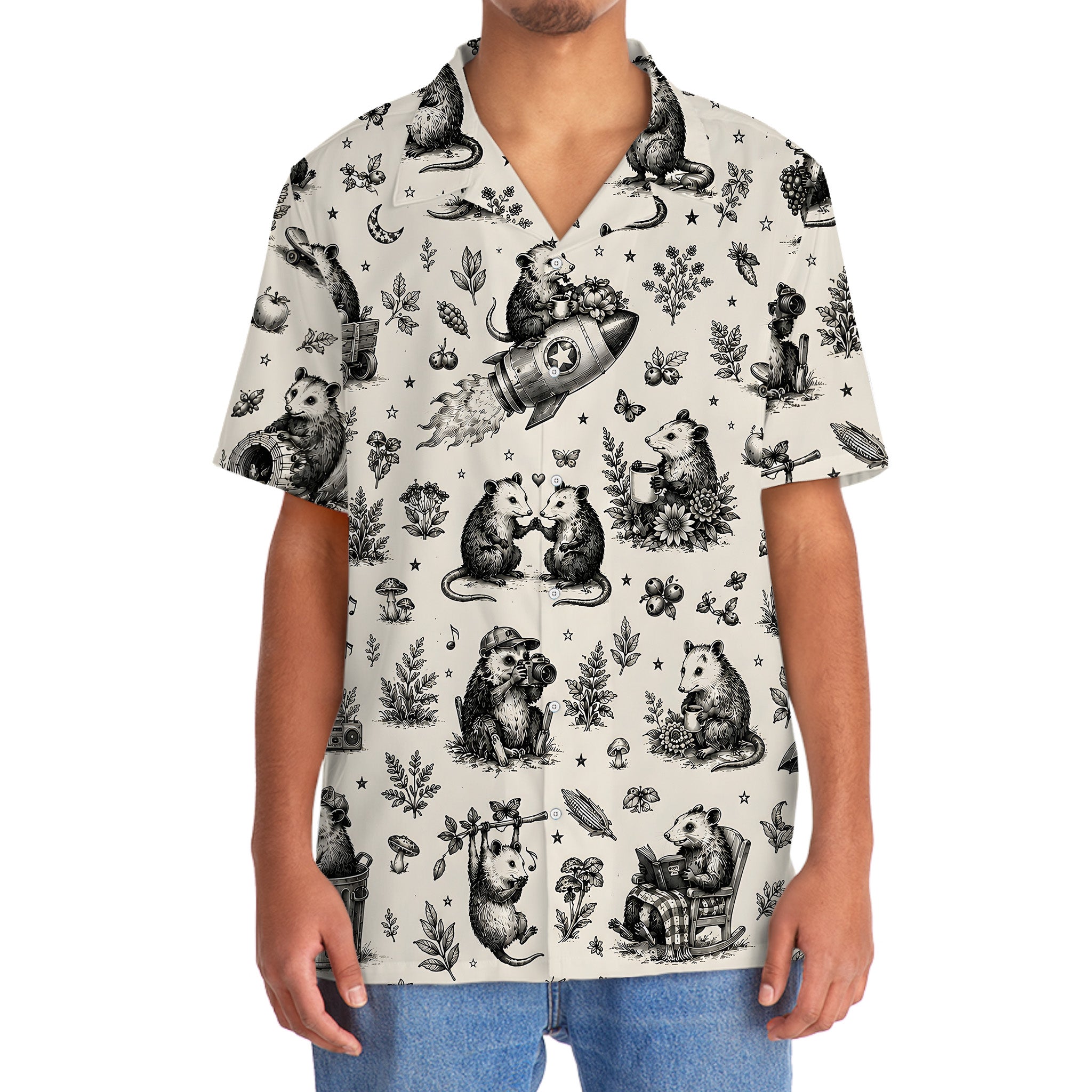 Vintage Woodcut Opossum Activities Hawaiian Shirt