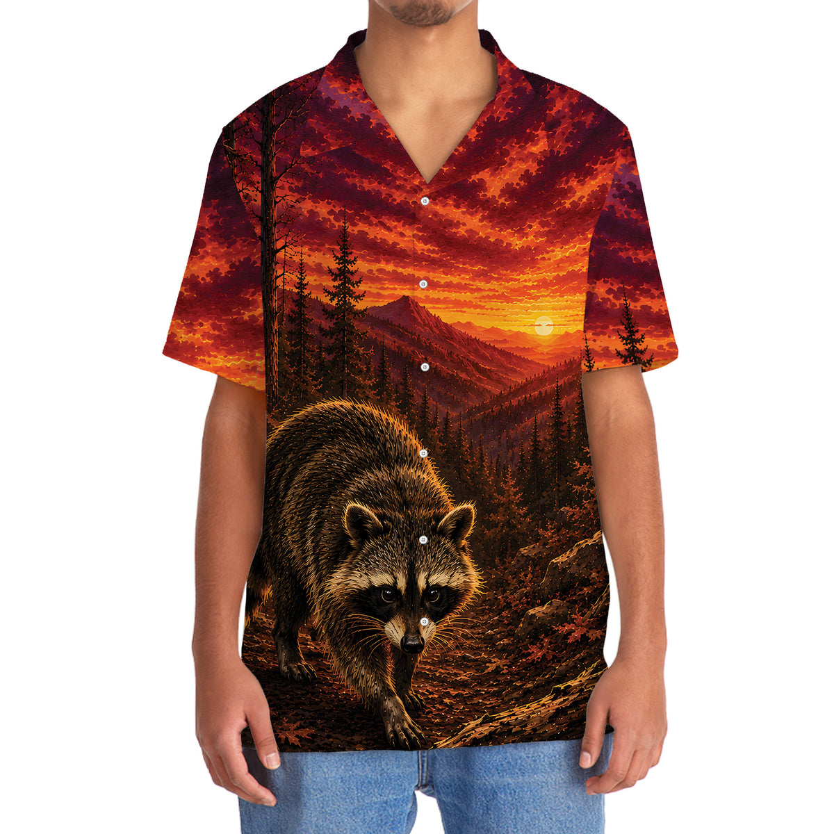 Raccoon Hunting Burnt Sky Hawaiian Shirt