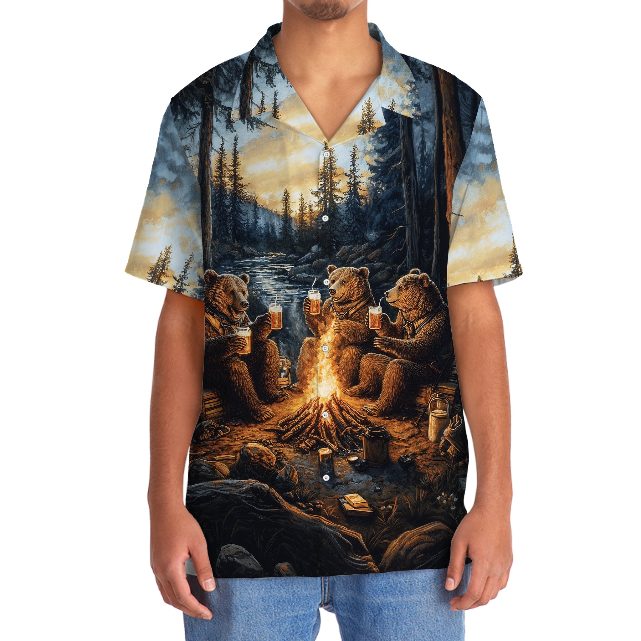Bear Camping Drinking Night Hawaiian Shirt