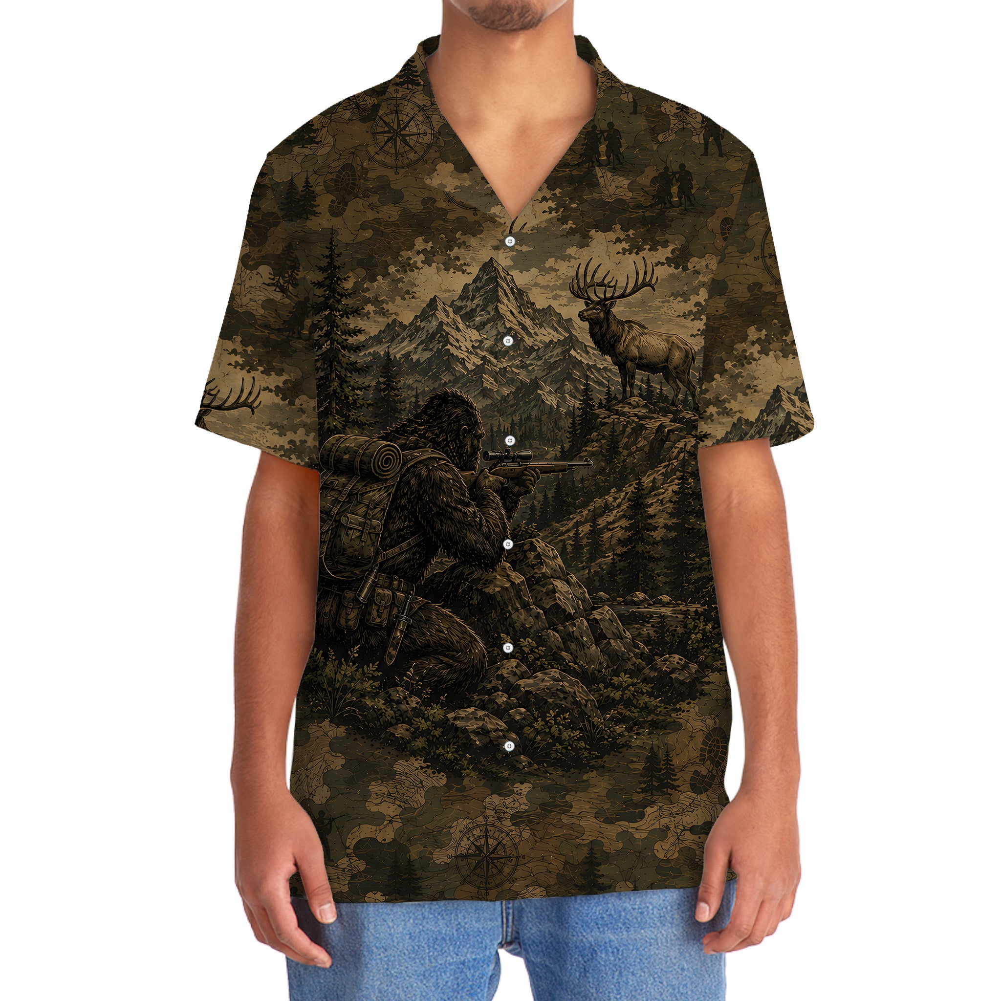 Bigfoot Elk Hunting Camouflage Funny Hawaiian Shirt