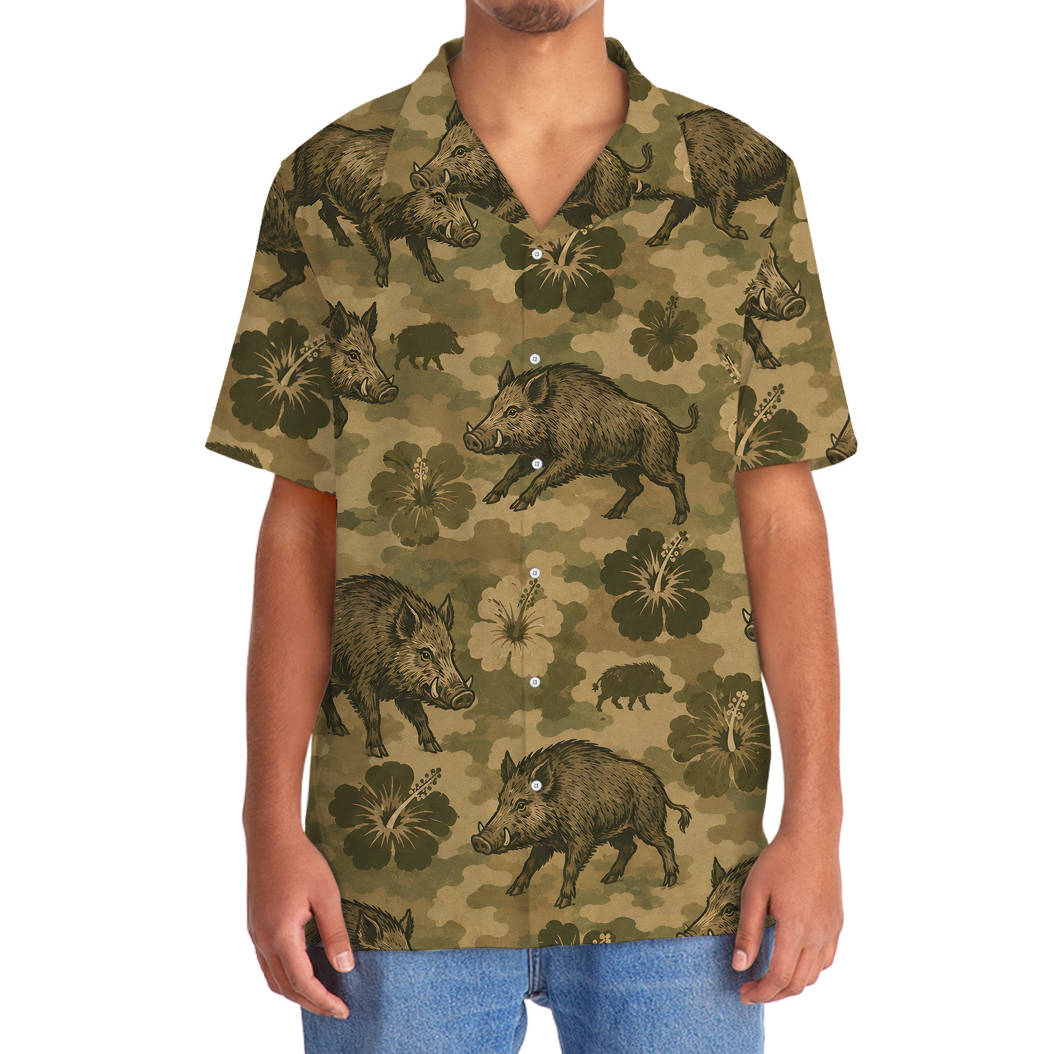 Hog Hibiscus Camouflage Hawaiian Shirt