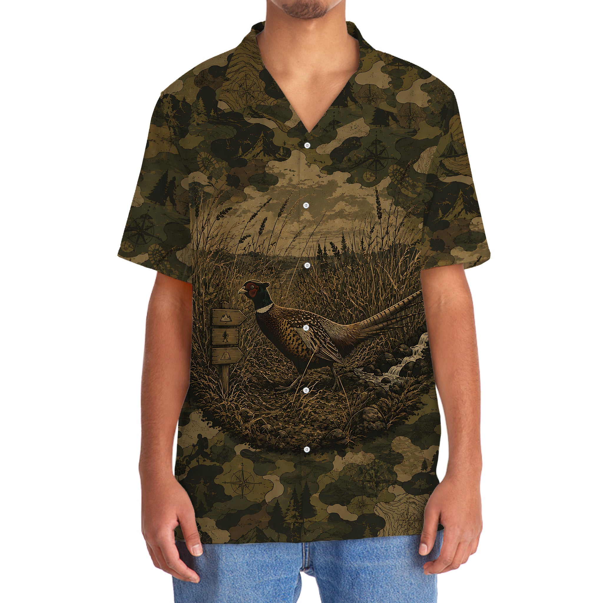 Pheasant Forest Camouflage Dark Hawaiian Shirt