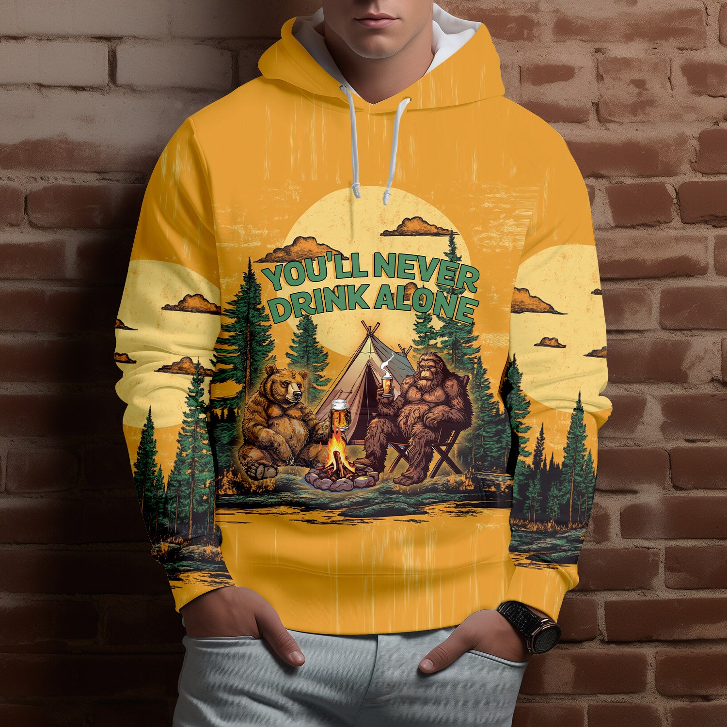 Bigfoot and Bear You'll Never Drink Alone All Over Print Shirt