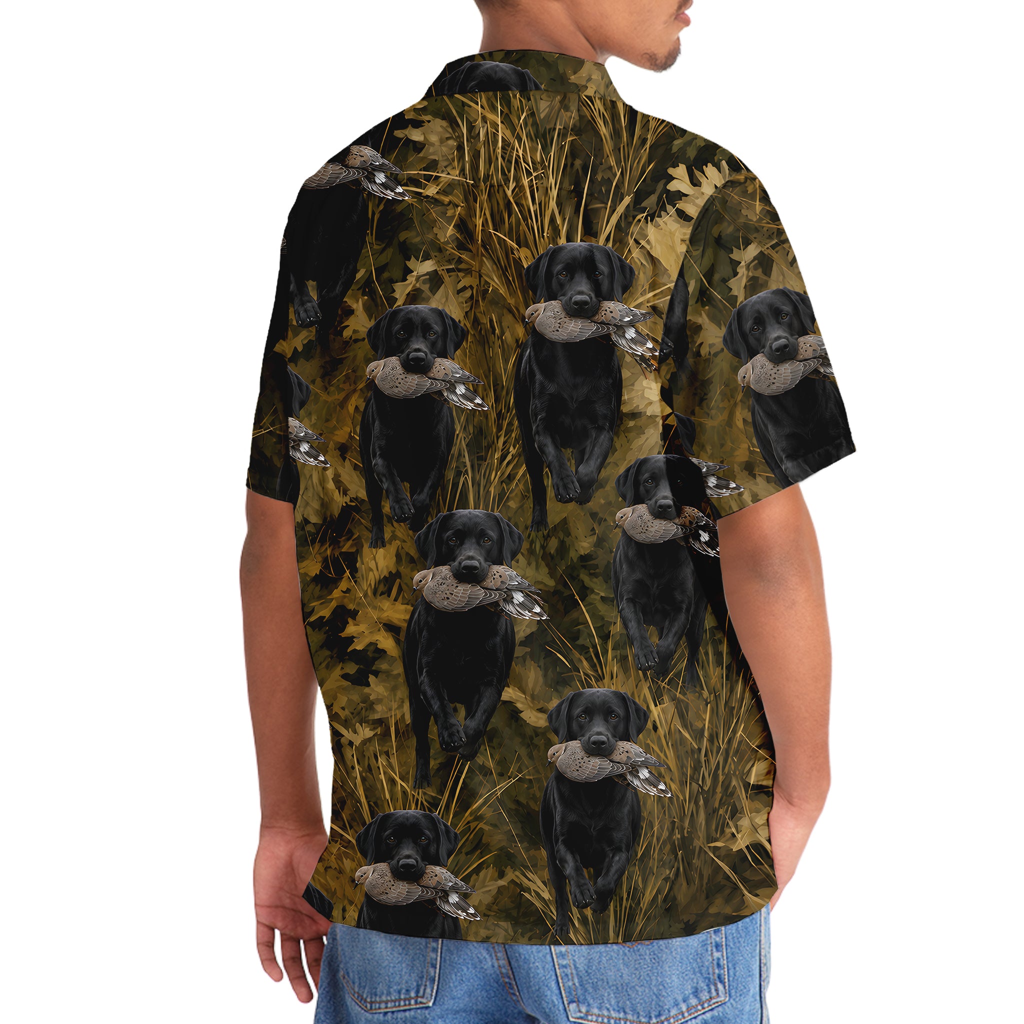 Camouflage Black Labrador Retriever Running With Mourning Dove Hawaiian Shirt