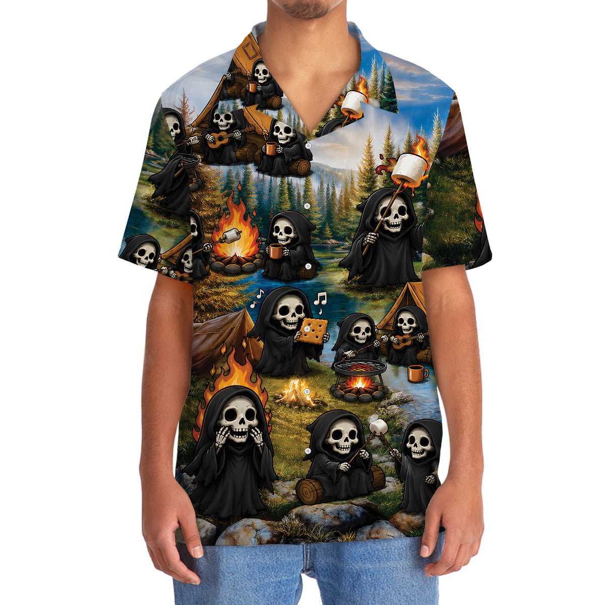 Vintage Grim Reaper Camping Hawaiian Shirt