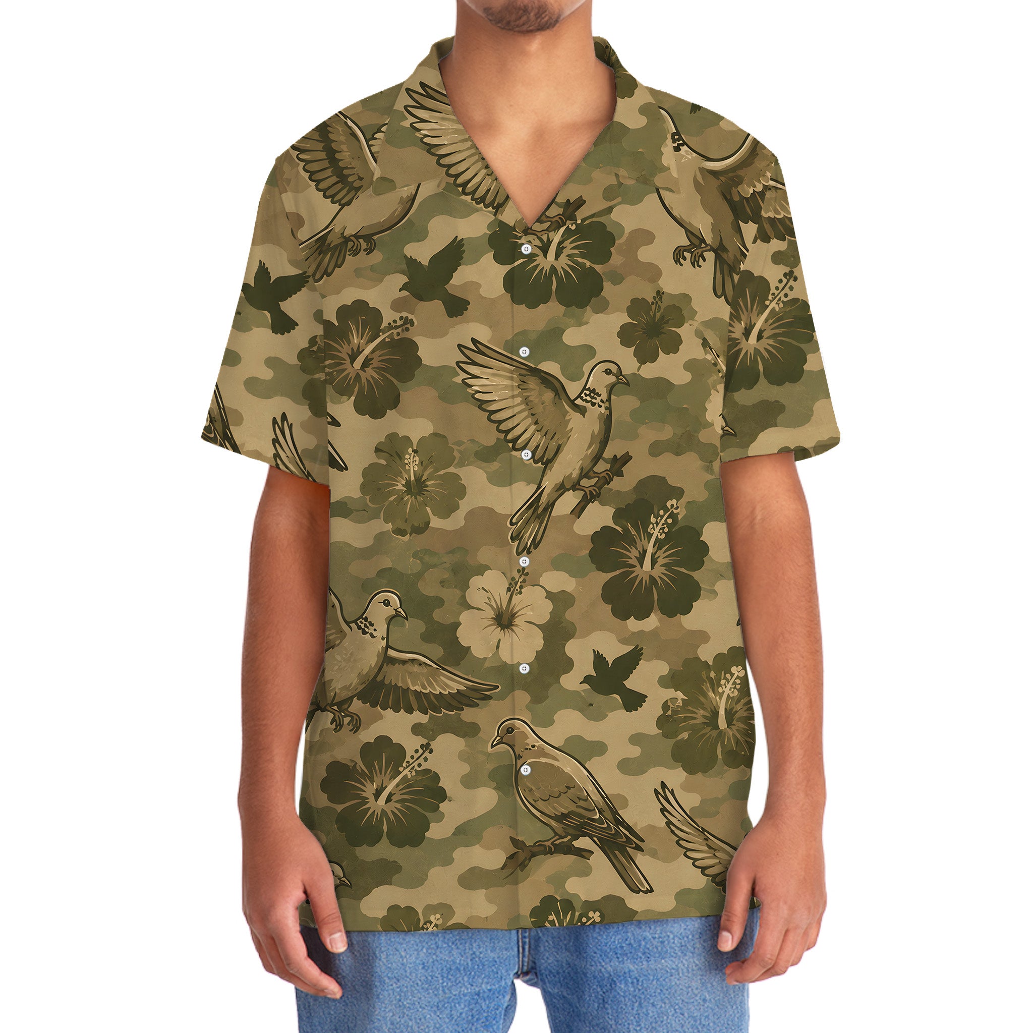 Camouflage Hibiscus Dove Bird Hawaiian Shirt