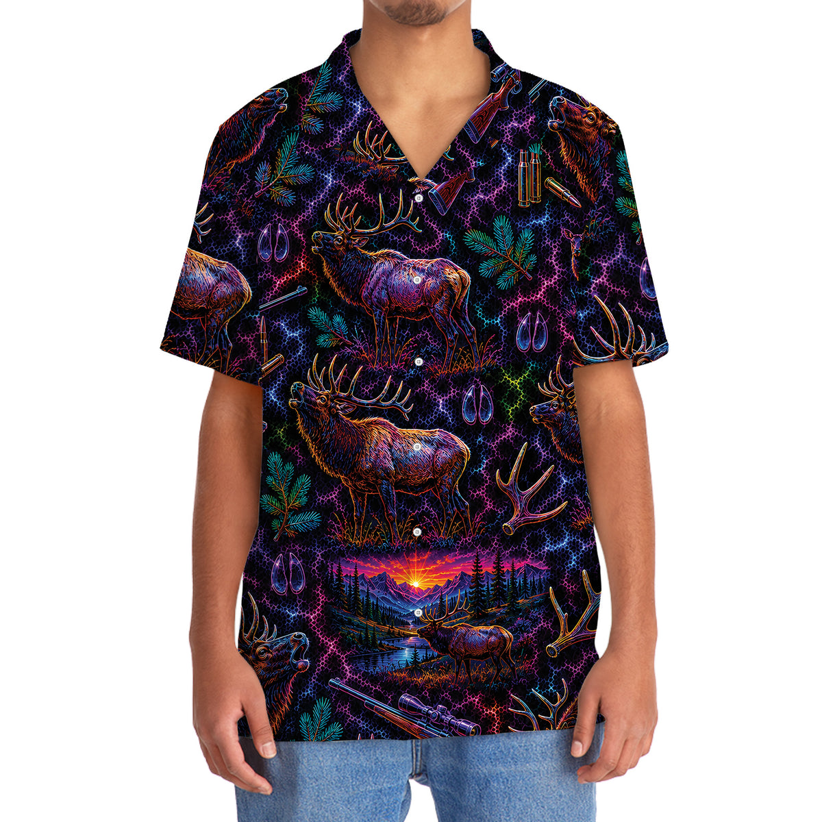 Midnight Elk Hunting Neon Hawaiian Shirt