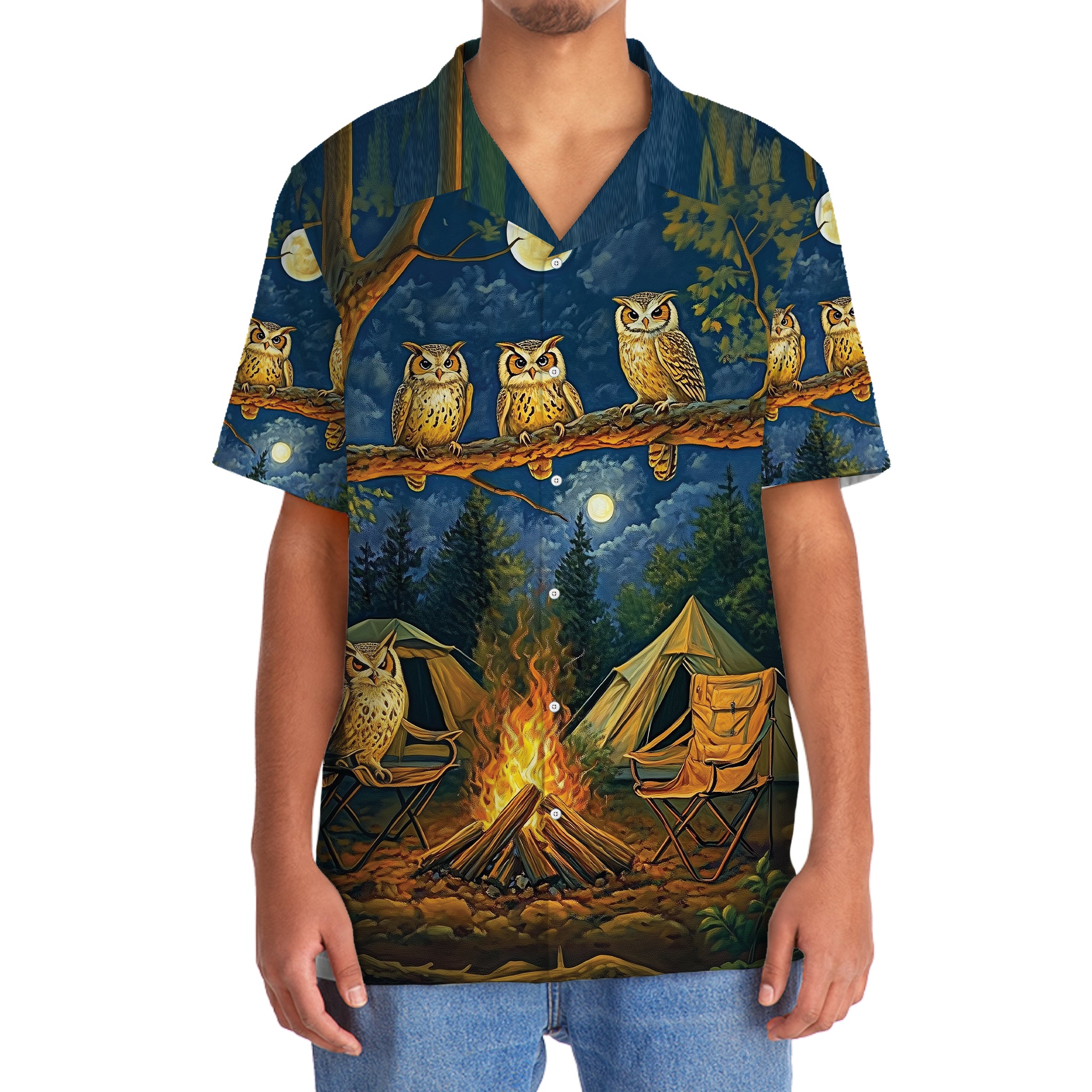 Campfire Night With Owls Art Hawaiian Shirt